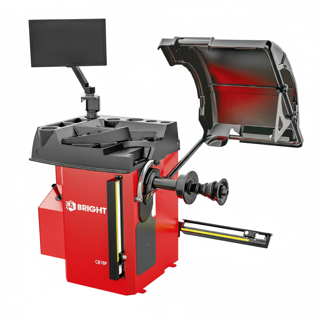 A red and black wheel balancer machine with a sonar sensor, an LCD monitor, and an open lid showing the internal components.