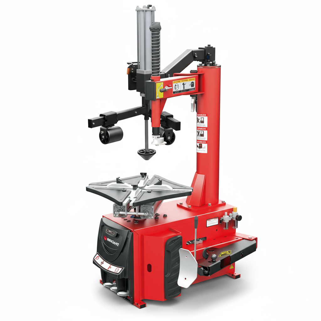 A red and black Bright brand tire changer machine, model LC890, with a cylinder and clamping head, designed for vehicle maintenance.