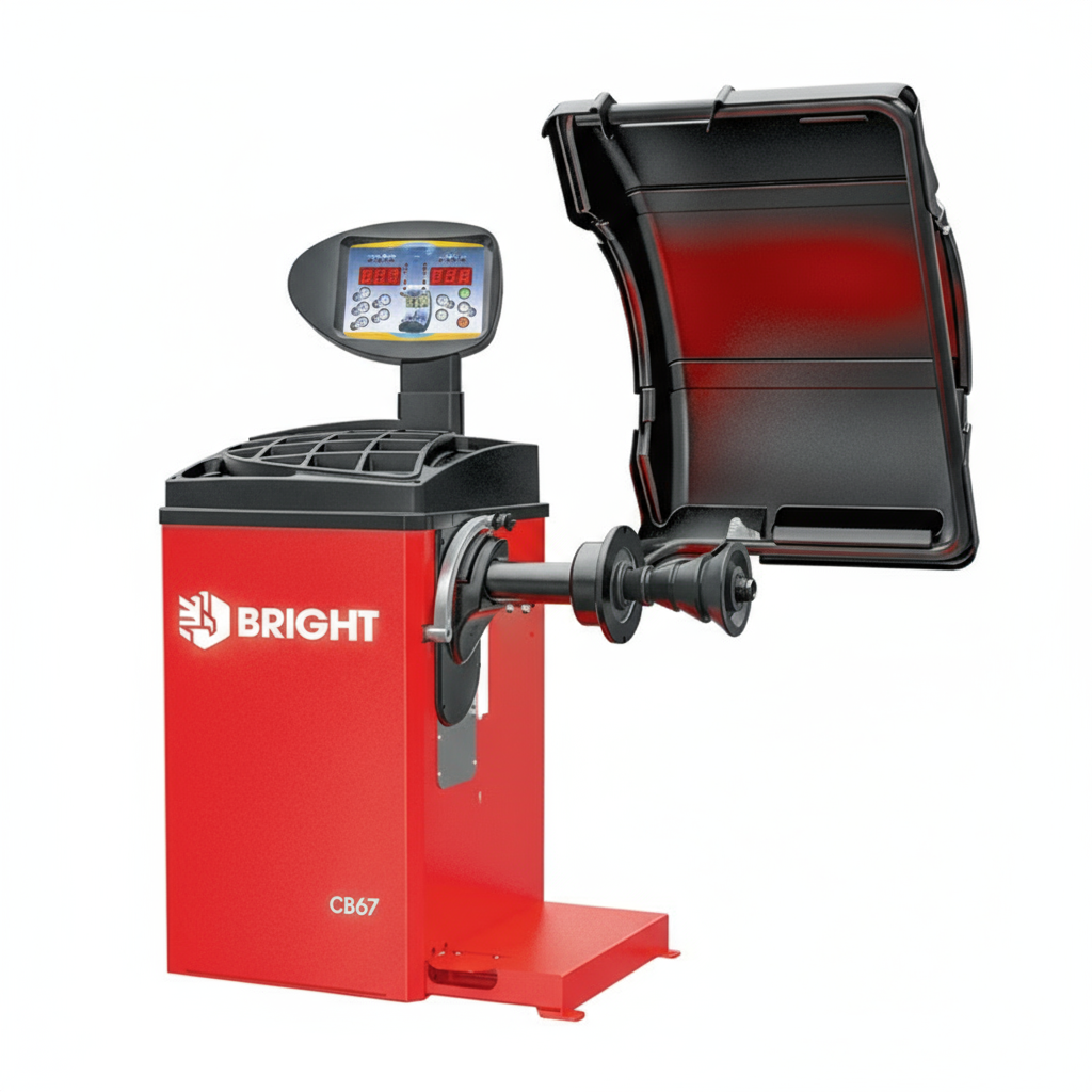 A red and black Bright wheel balancer with a digital display and a pedal brake.