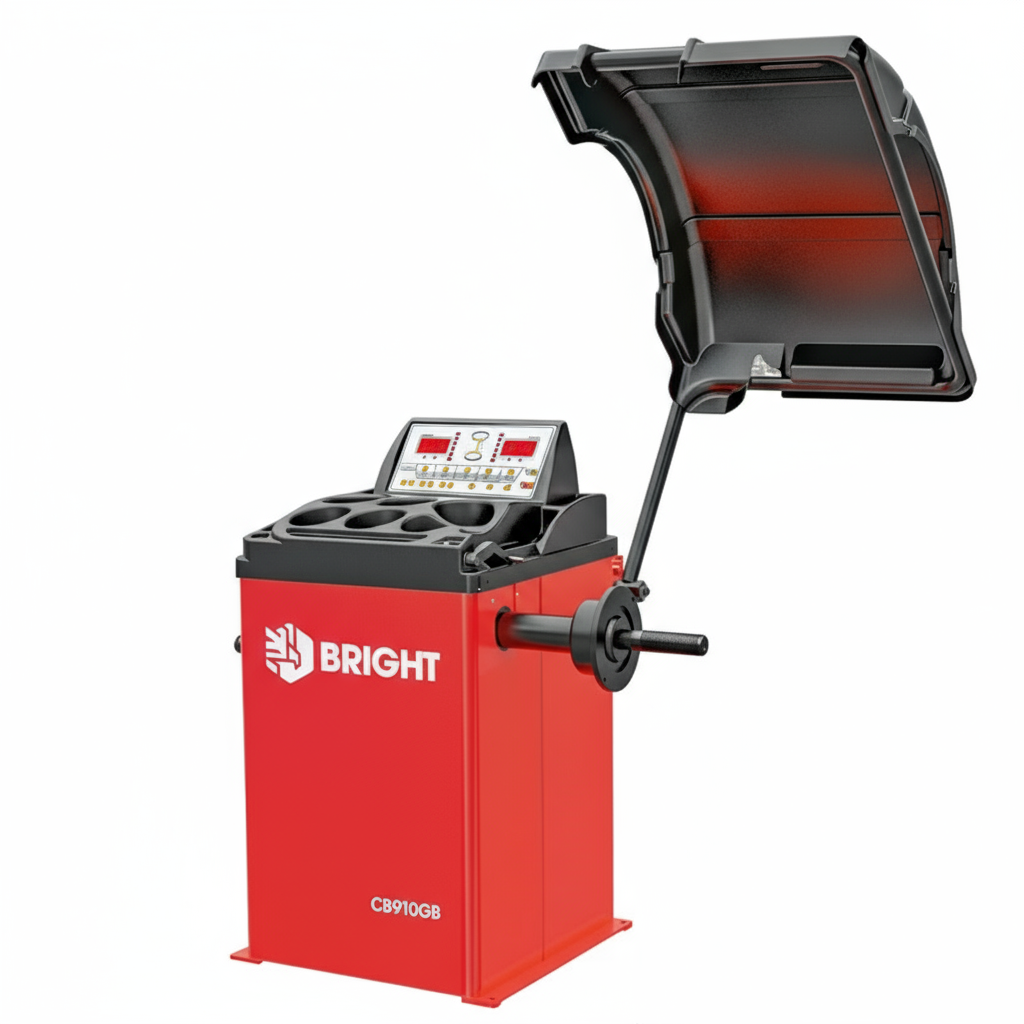 A red and black BRIGHT wheel balancer machine, model CB910GB, with a digital display and a motorcycle adapter.