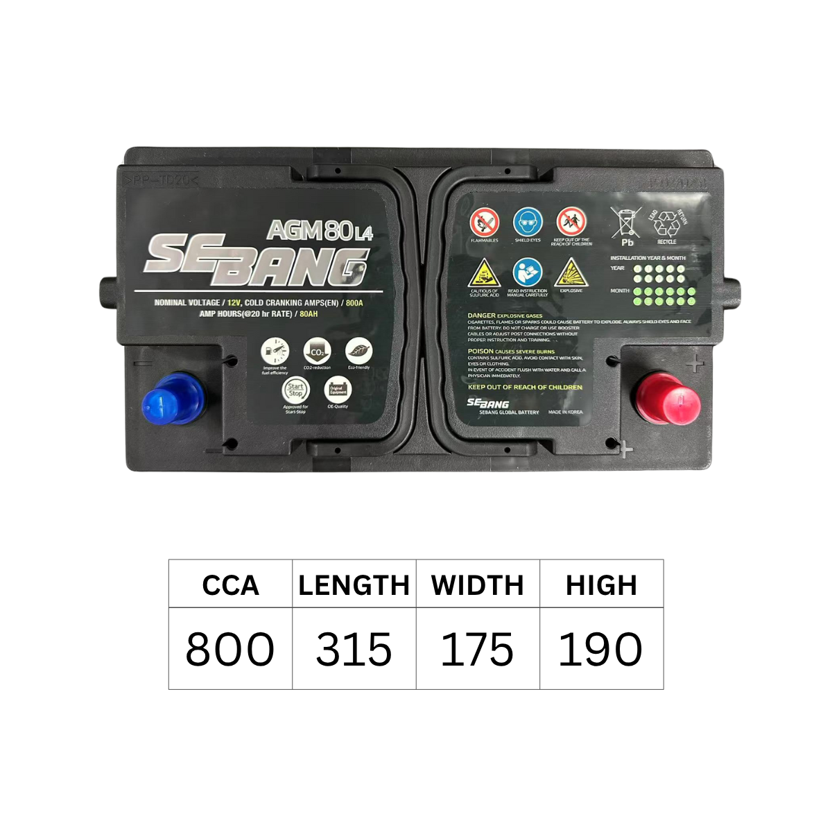 SEBANG AGM L4 DIN75 DIN77 800CCA 315*175*190 SEBANG AGM L4 DIN75 DIN77 800CCA 315*175*190