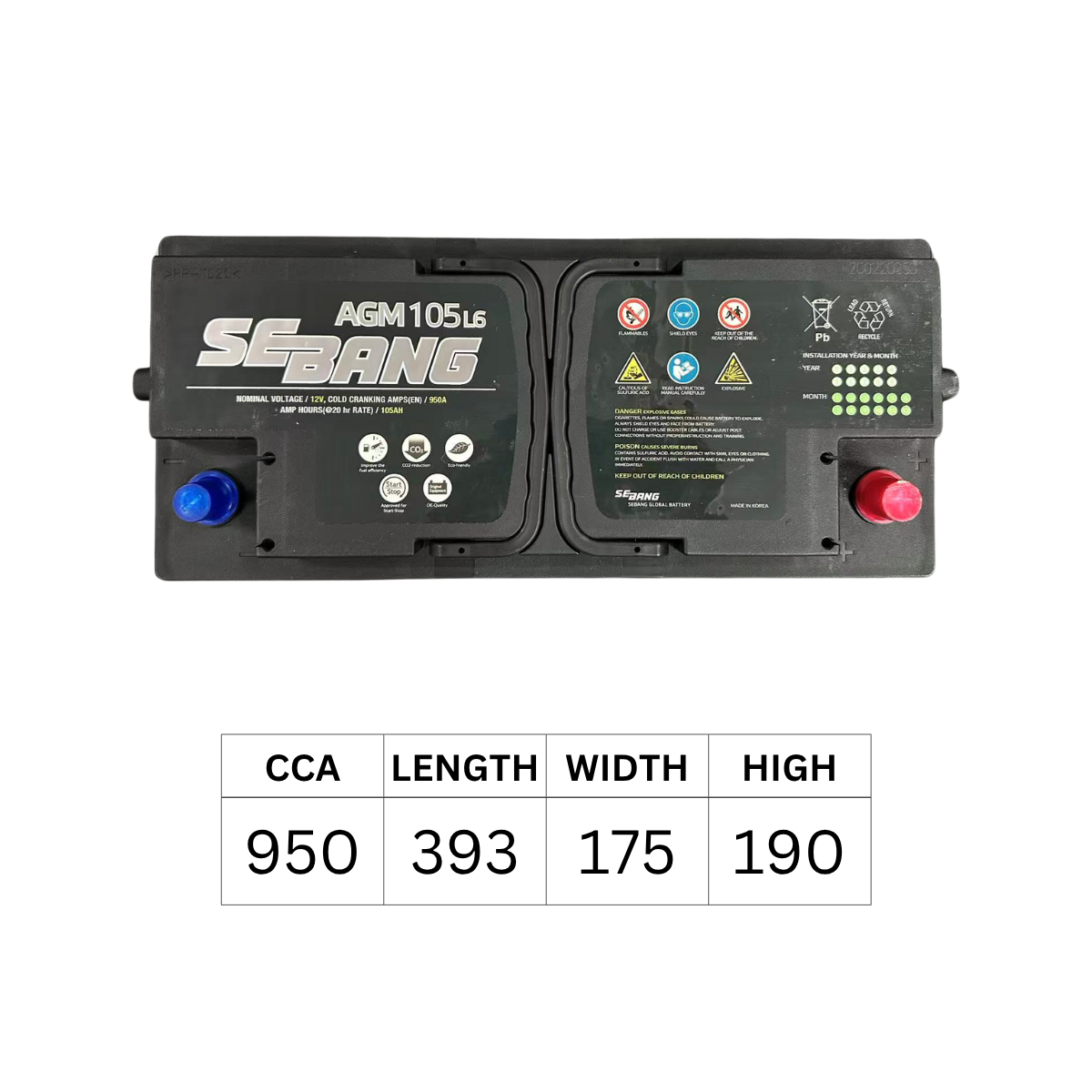 SEBANG AGM L6 DIN105 DIN110 950CCA 393*175*190