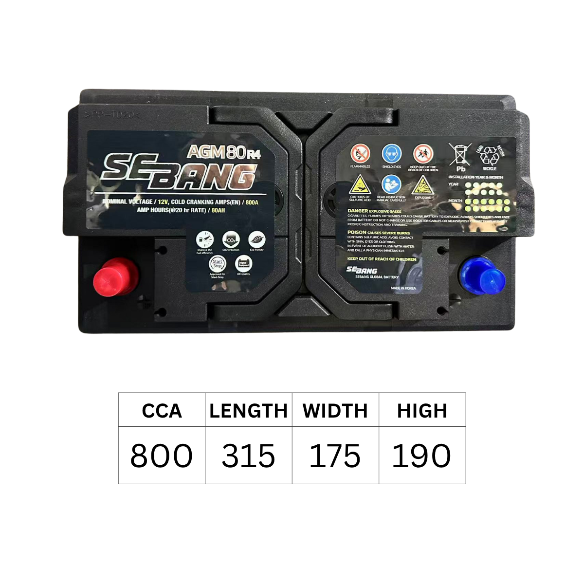 SEBANG AGM R4 DIN75R DIN77R 800CCA 315*175*190