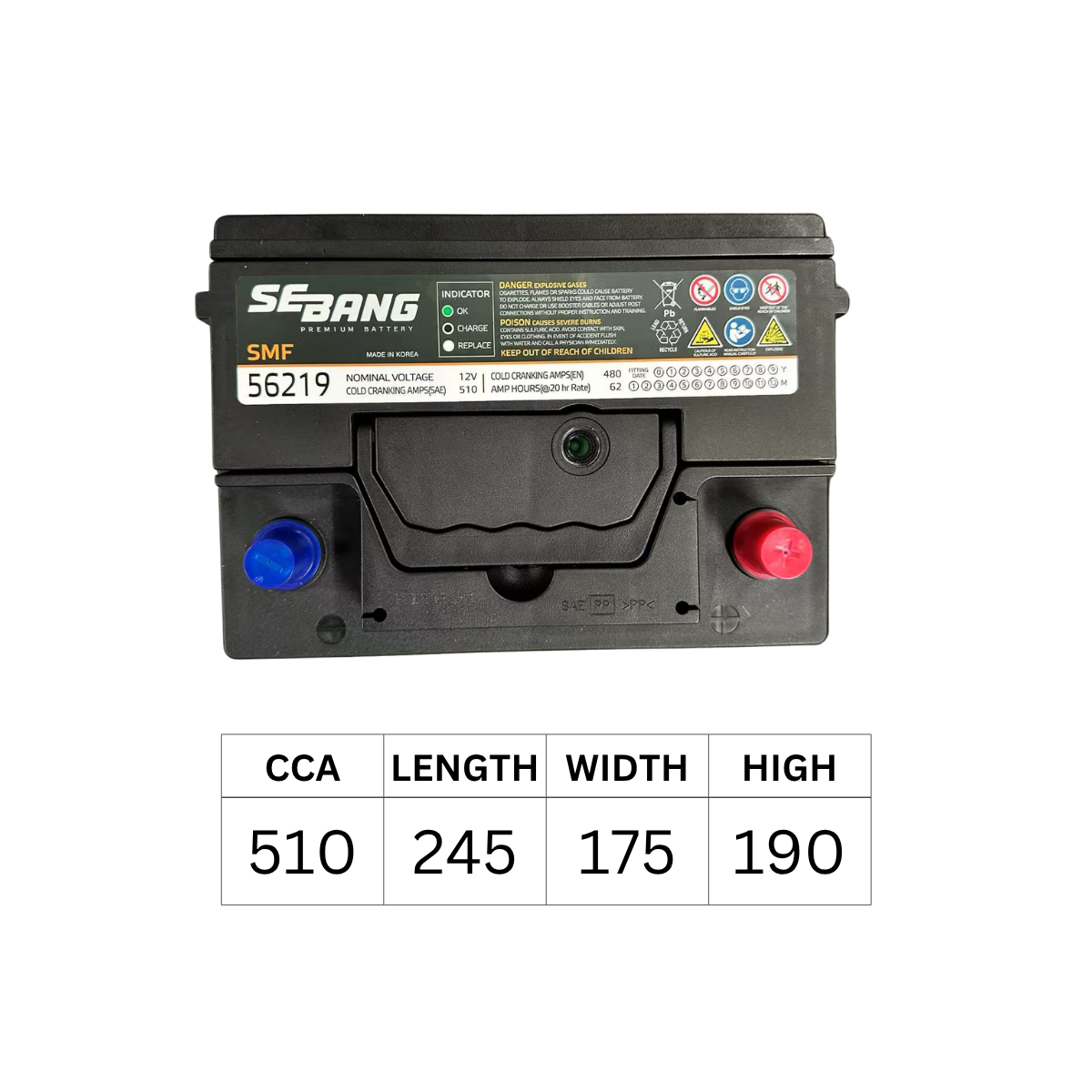 SEBANG 56219 DIN53 DIN55 510CCA 245*175*190
