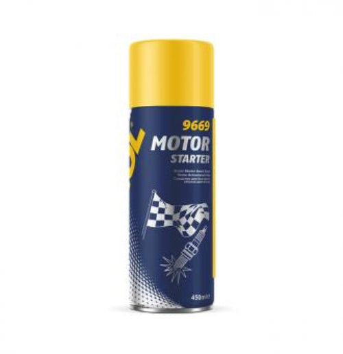 A can of MANNOL 9669 Motor Starter, which is a special aerosol product designed for engine starting.