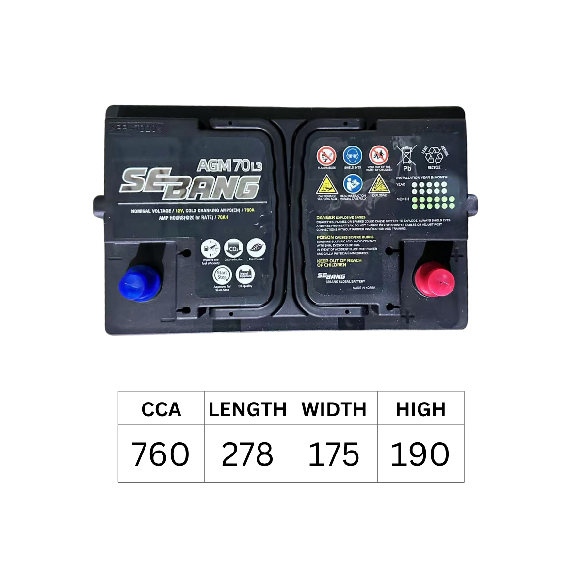 SEBANG AGM L3 DIN65 DIN66 760CCA 278*175*190